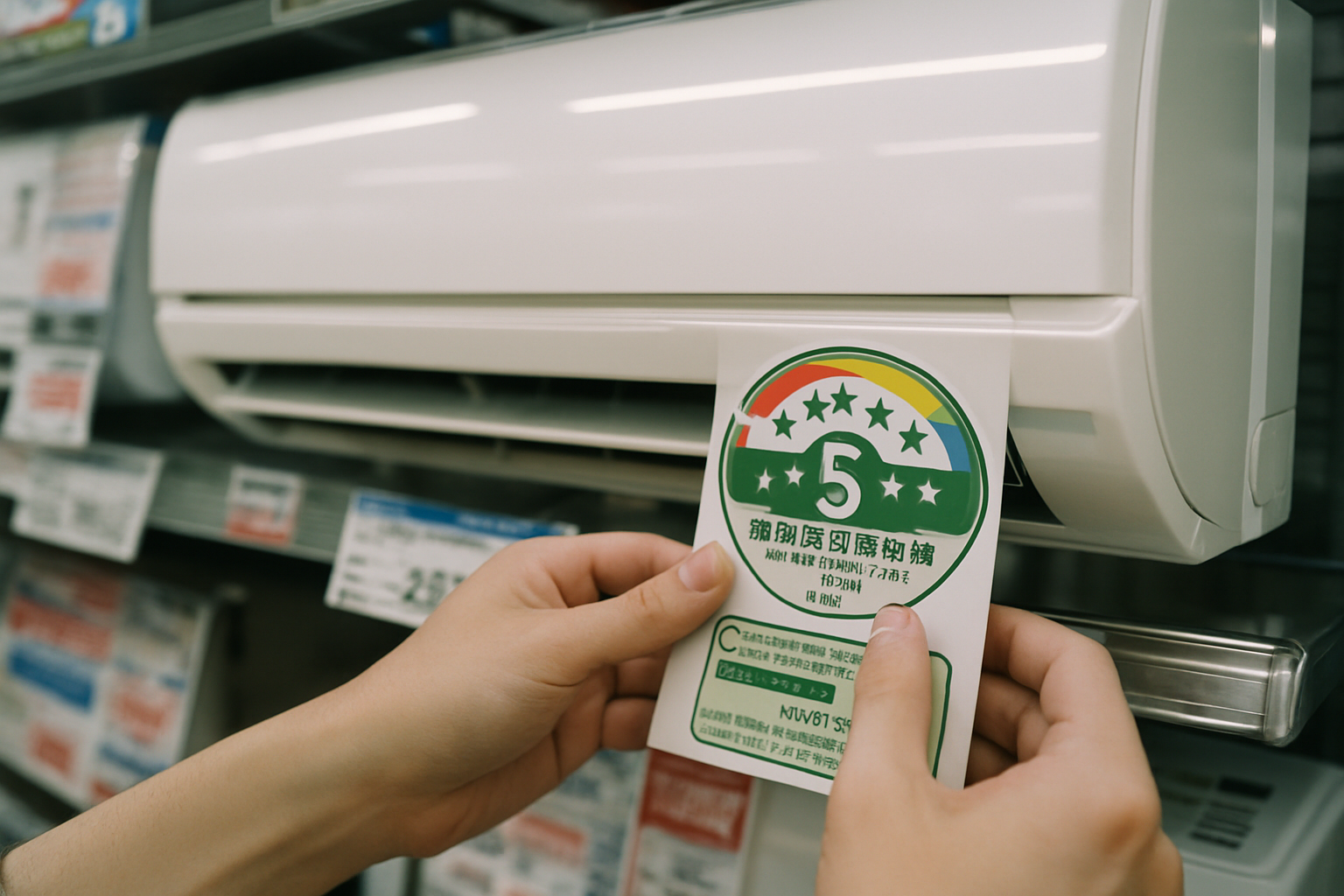 家電量販店で、エアコンの省エネ性能ラベル(多段階評価の星マーク)を手に取って確認している写真風の画像