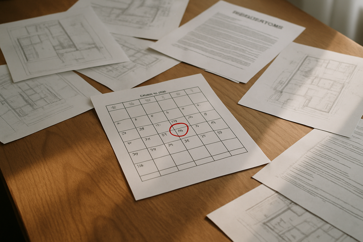 打ち合わせテーブルに広げられた設備仕様書と、期限を過ぎた日付に赤ペンでチェックが入ったスケジュール表