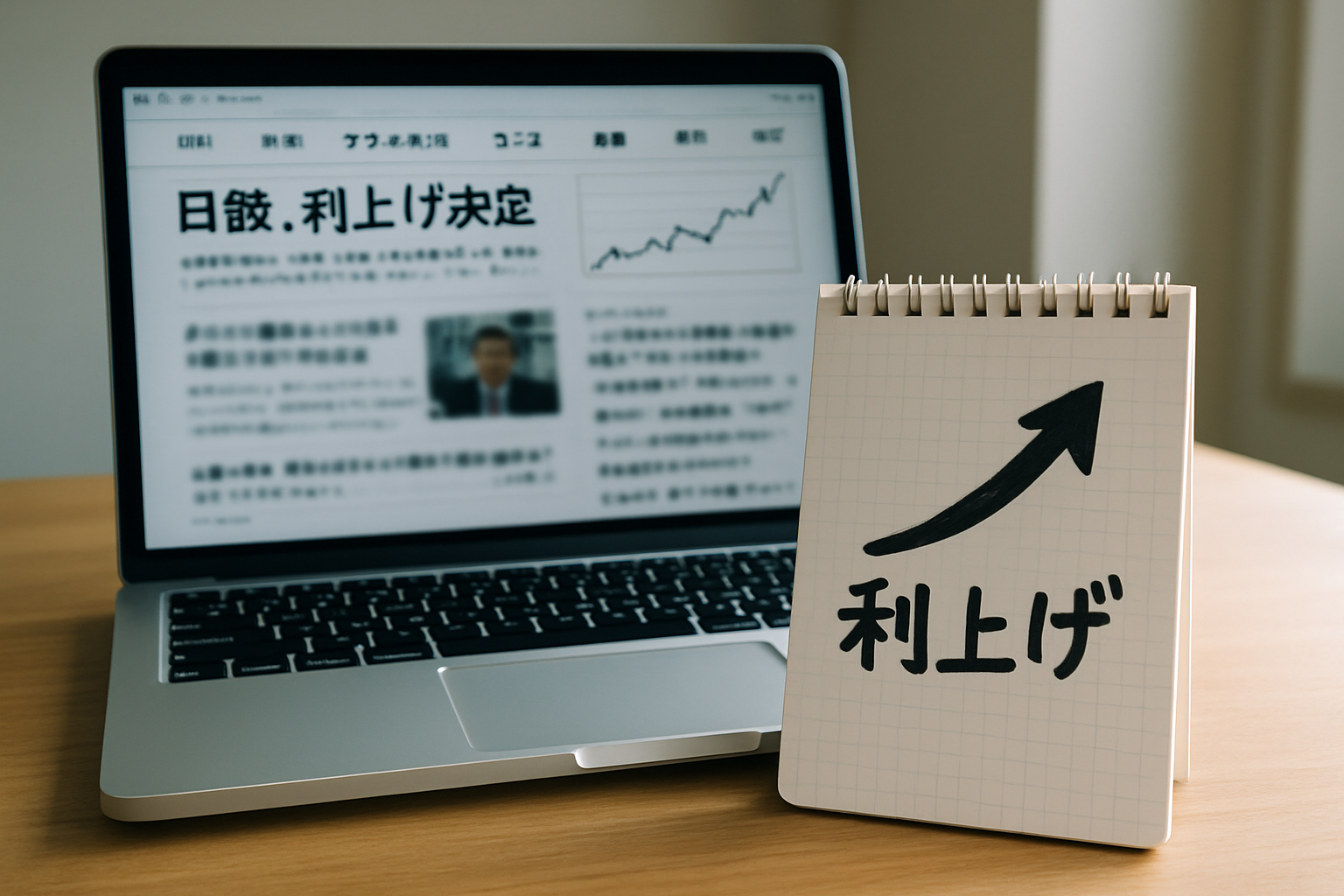 金融ニュースサイトを表示したノートPCと、金利上昇の矢印を書いたメモ用紙