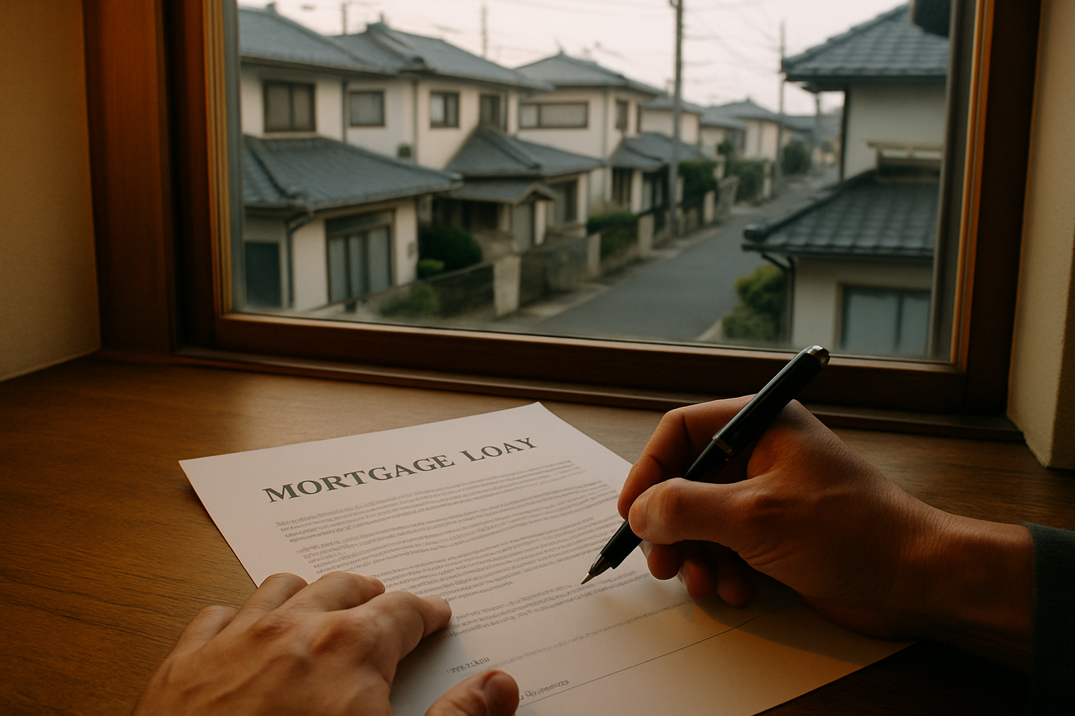 窓辺で住宅ローンの契約書類にサインしようとしている手元