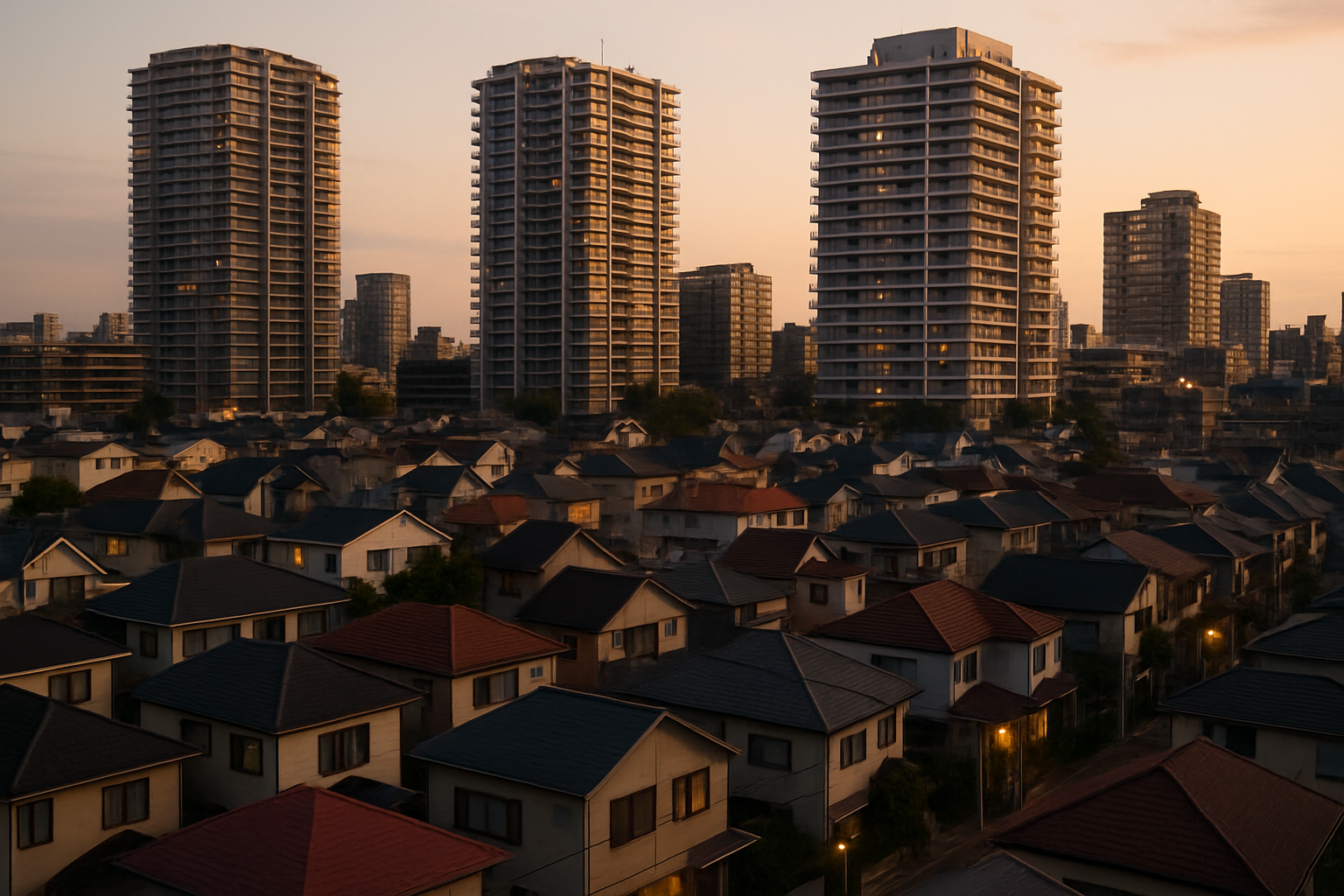 東京の住宅街と高層マンションが両方見渡せる俯瞰的な街並み
