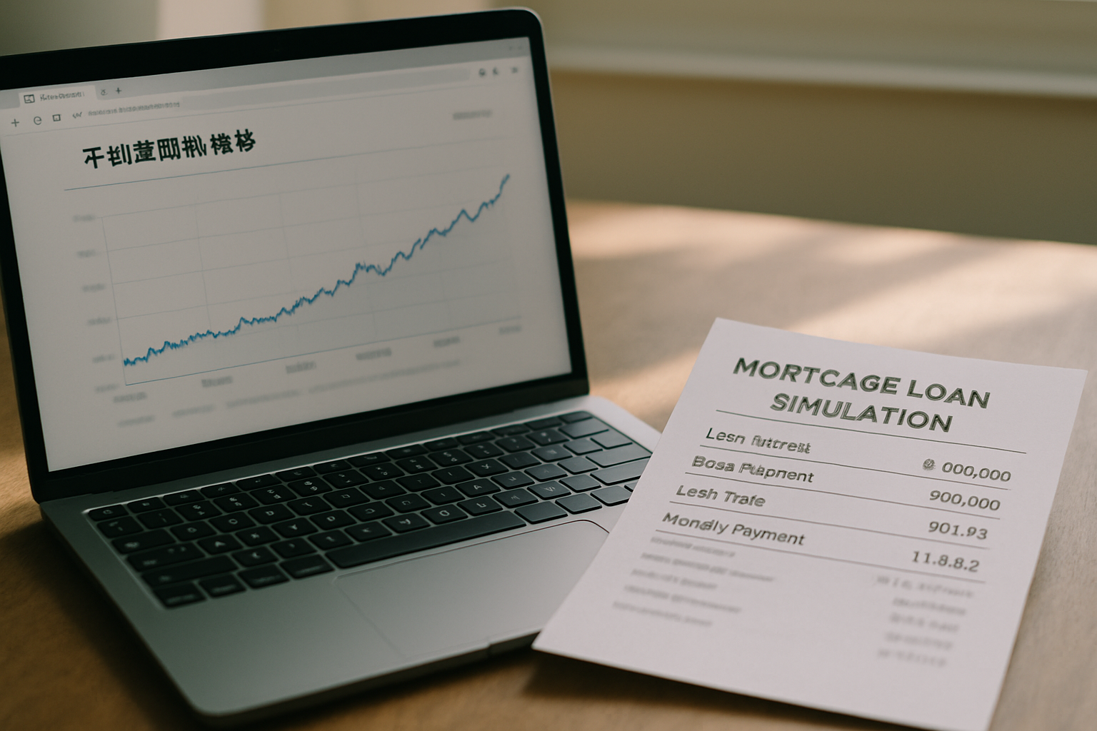 不動産価格推移グラフを表示したノートPCと、住宅ローンのシミュレーション結果が印刷された紙