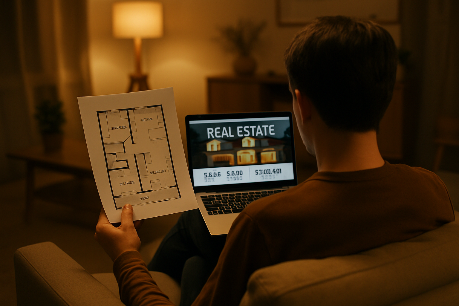 リビングのソファで住宅情報サイトと間取り図を見比べている後ろ姿