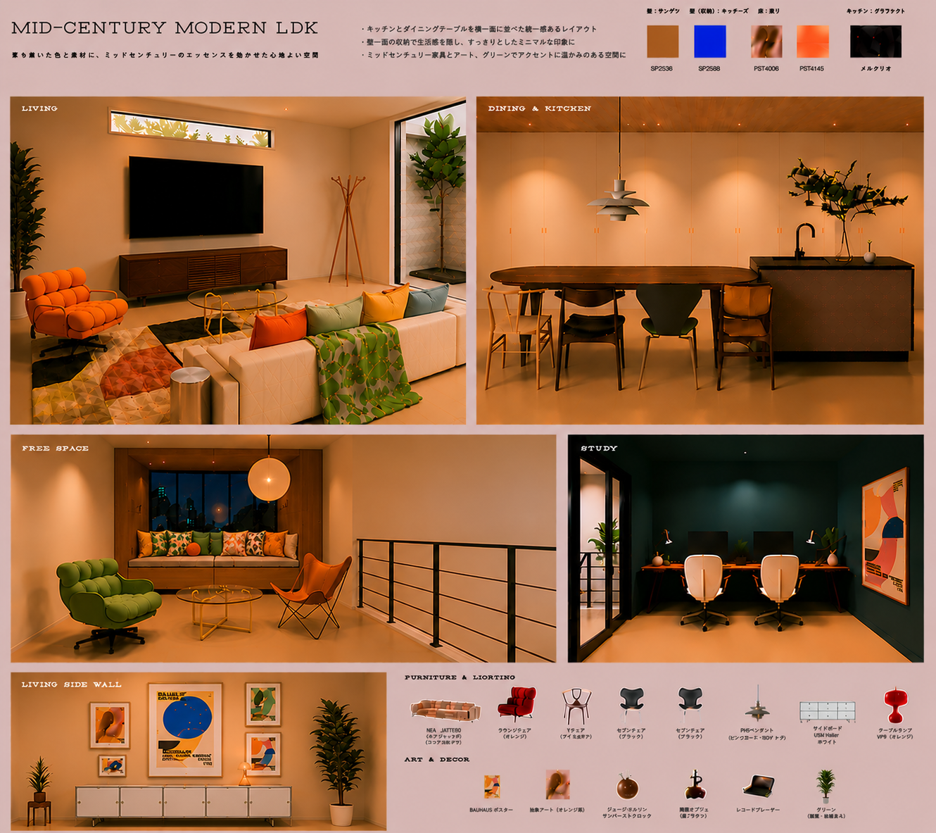 ミッドセンチュリーモダンのLDKインテリアボード。グレージュの床とオレンジ・ブルーのアクセントカラー、名作家具を配置したイメージ図
