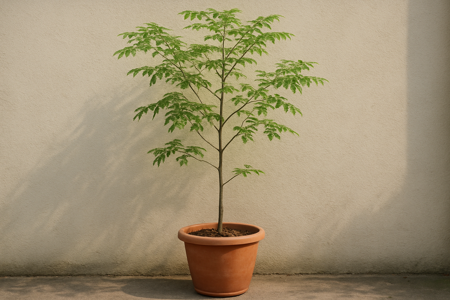 大きめの鉢に植えられた、細くしなやかな幹を持つ落葉樹の若木